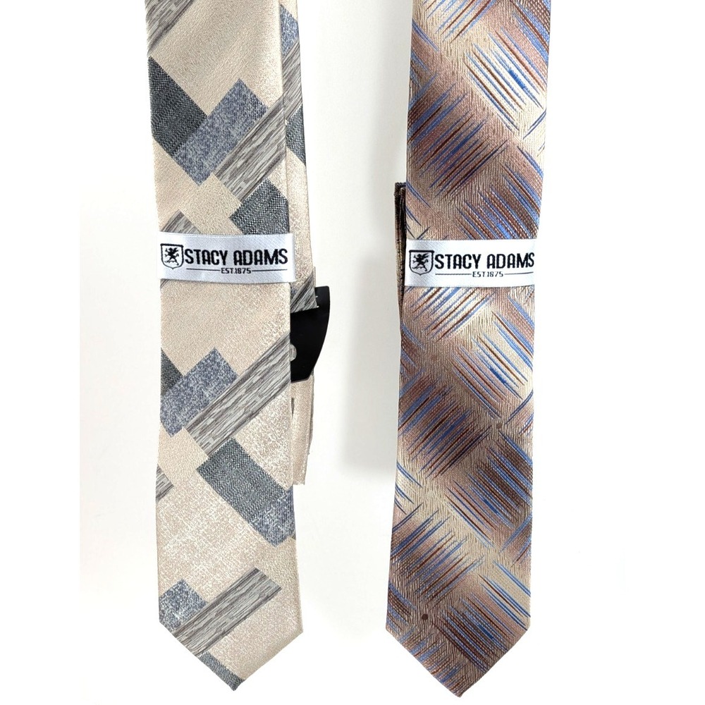 2 set Stacy Adams Men's Microfiber Ties Beige Brown Blue Geometric Pocket Square